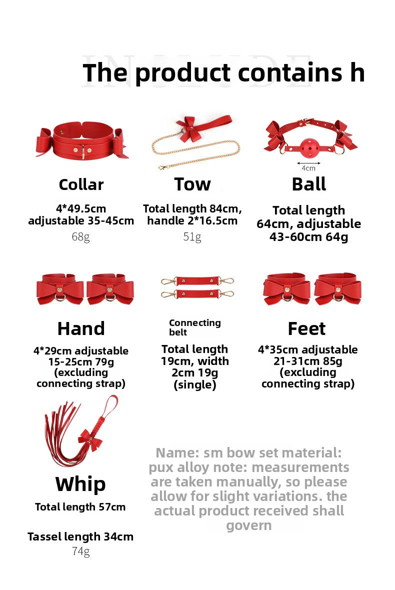 SM Props Set 5-Piece Set Bowknot Erotic Whip PVC Ball Gag Female Slave Leash Collar Restraint Handcuffs