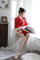 Sexy Lingerie Deep V Japanese Kimono Cute Playful Role Play Bathrobe Set for Women 5060