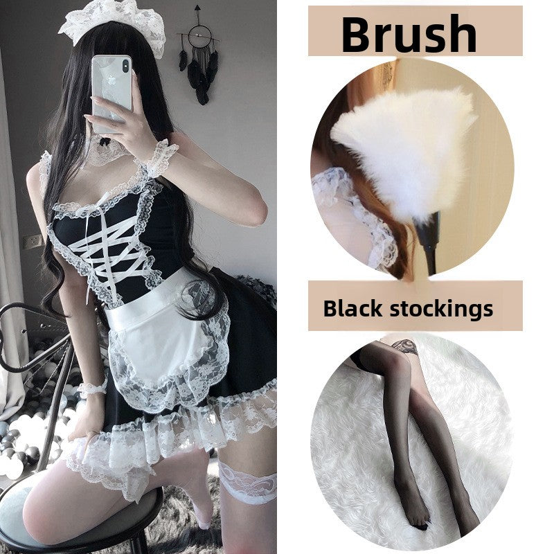 High-End Sexy Lingerie Sexy Maid Costume Maid Uniform Role Play Lace Female Slave Pajamas Hollow Out Fun Set