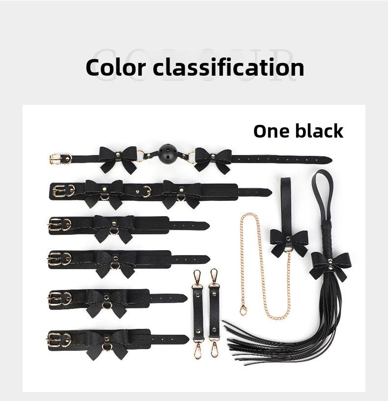SM Props Set 5-Piece Set Bowknot Erotic Whip PVC Ball Gag Female Slave Leash Collar Restraint Handcuffs