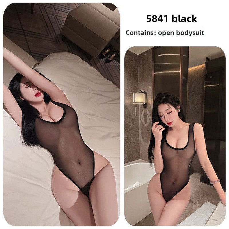 Sexy Lingerie Sexy Mesh See-through Strap Dead Stock One-piece No Need to Take Off Open Crotch Night Club Outfit 5841