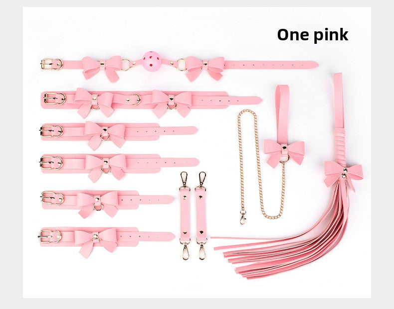 SM Props Set 5-Piece Set Bowknot Erotic Whip PVC Ball Gag Female Slave Leash Collar Restraint Handcuffs