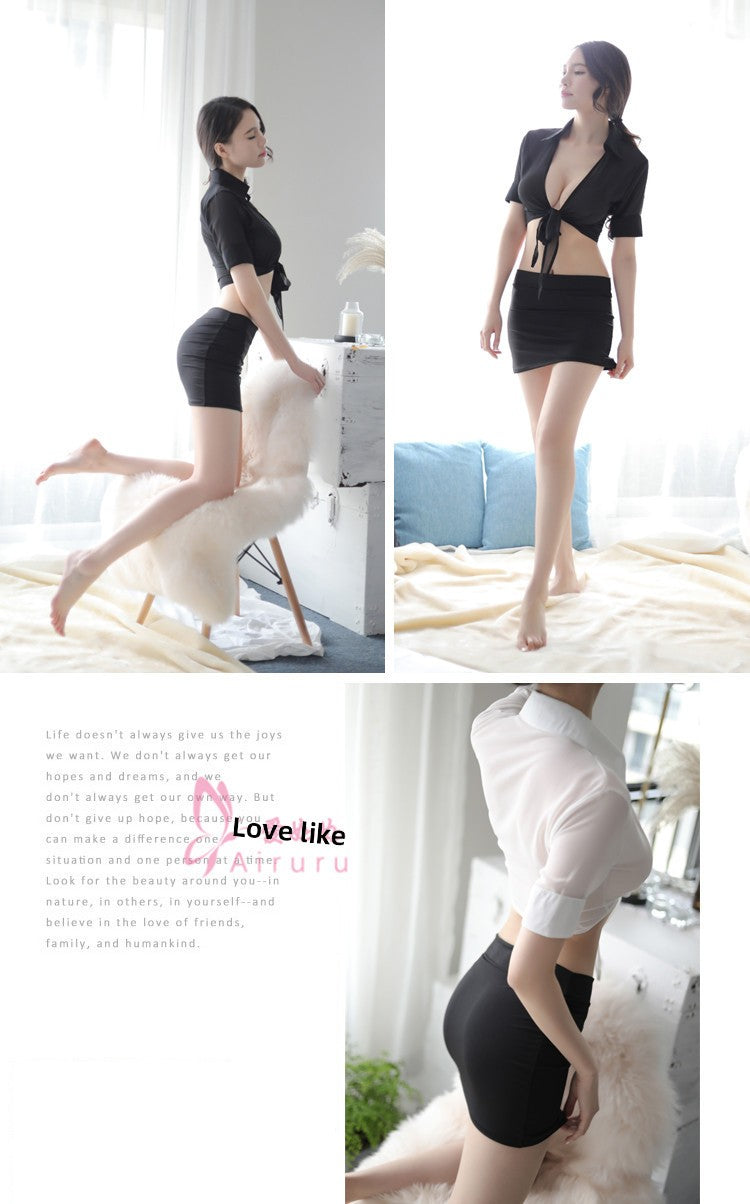 New Chiffon Sexy Lingerie Women's See-through Cardigan Uniform Temptation Sexy Bodycon Short Skirt Secretary Set