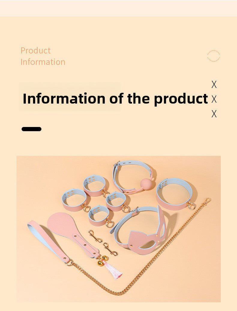 Sex Toys SM Props Macaron Genuine Leather Bondage Set Hand and Foot Cuffs Training Collar Mouth Gag Spanker Adult