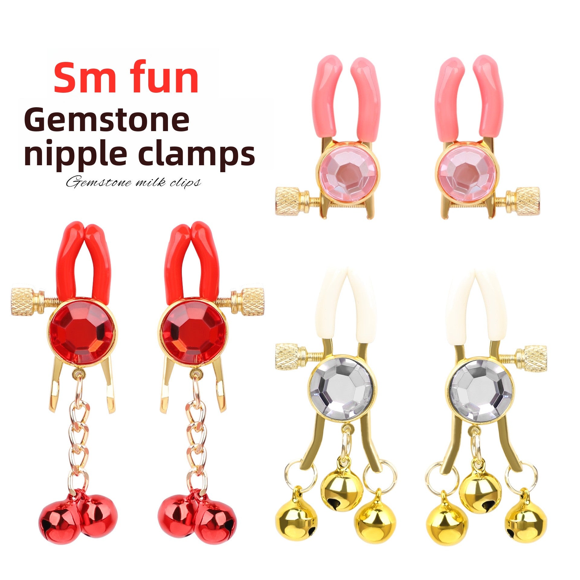 Sexy SM Props Gemstone Bell Nipple Clamps for Women Flirting Teasing Nipple Clips Tassel Chain Clips