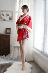 Sexy Lingerie Deep V Japanese Kimono Cute Playful Role Play Bathrobe Set for Women 5060