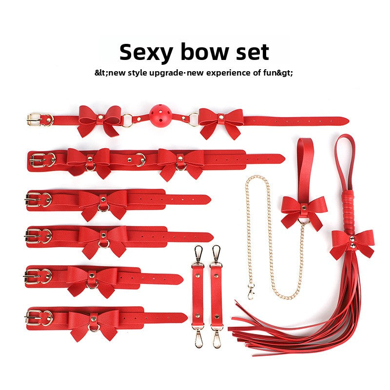 SM Props Set 5-Piece Set Bowknot Erotic Whip PVC Ball Gag Female Slave Leash Collar Restraint Handcuffs