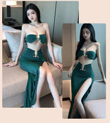 Sexy Lingerie Tube Top Temptation Tight High-Slit Bodycon Long Dress Nightclub Party Set 5724