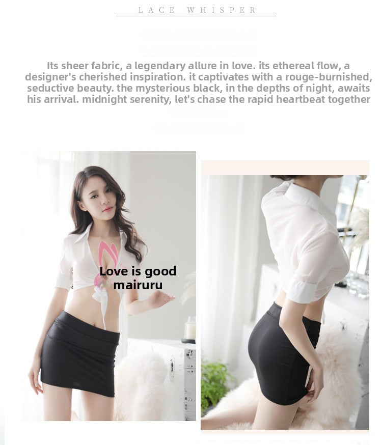New Chiffon Sexy Lingerie Women's See-through Cardigan Uniform Temptation Sexy Bodycon Short Skirt Secretary Set