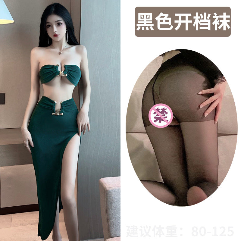 Sexy Lingerie Tube Top Temptation Tight High-Slit Bodycon Long Dress Nightclub Party Set 5724