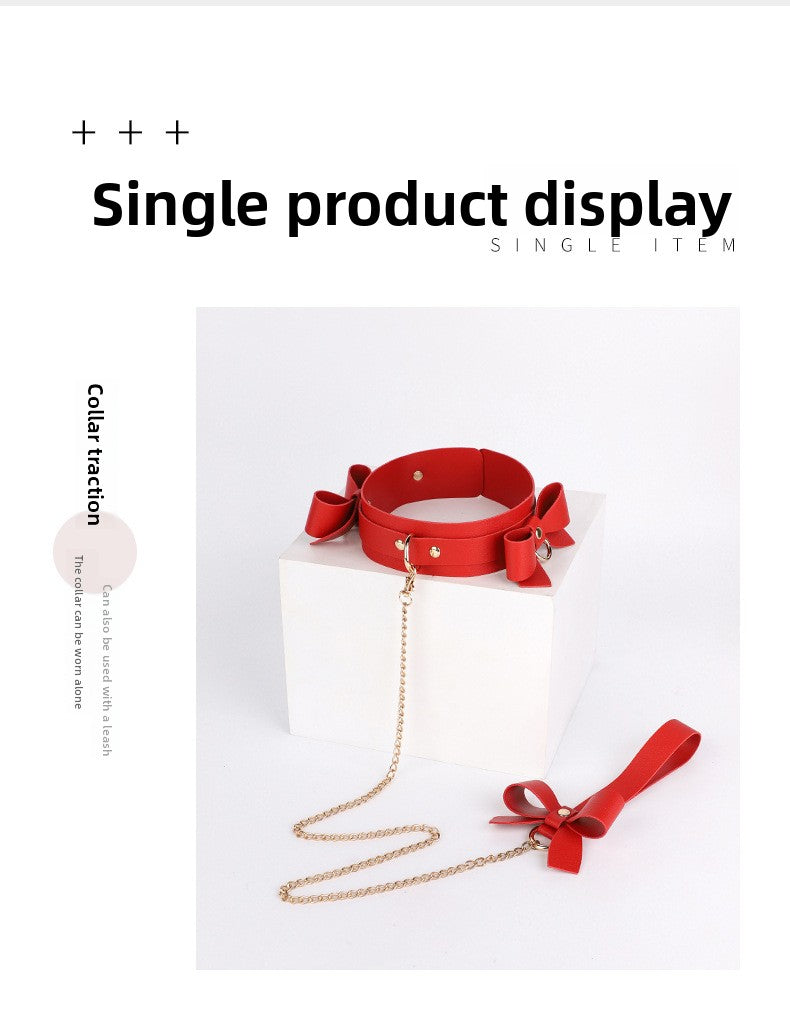 SM Props Set 5-Piece Set Bowknot Erotic Whip PVC Ball Gag Female Slave Leash Collar Restraint Handcuffs