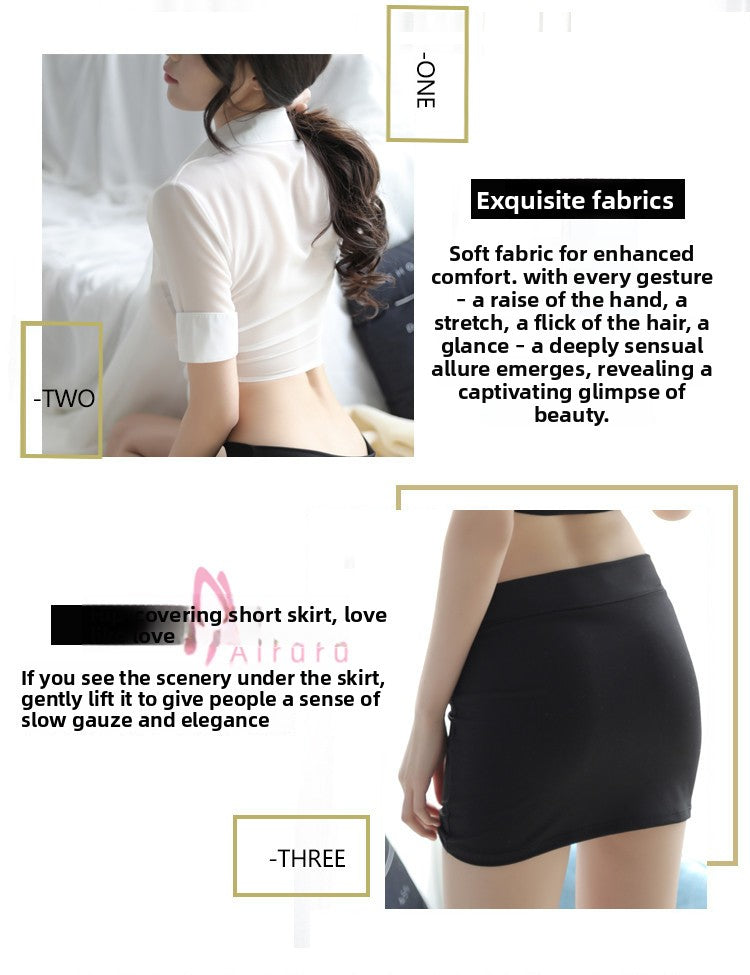 New Chiffon Sexy Lingerie Women's See-through Cardigan Uniform Temptation Sexy Bodycon Short Skirt Secretary Set