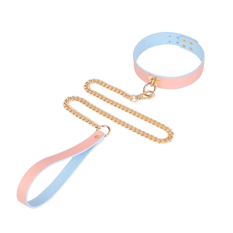 Sex Toys SM Props Macaron Genuine Leather Bondage Set Hand and Foot Cuffs Training Collar Mouth Gag Spanker Adult