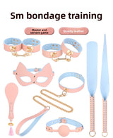 Sex Toys SM Props Macaron Genuine Leather Bondage Set Hand and Foot Cuffs Training Collar Mouth Gag Spanker Adult