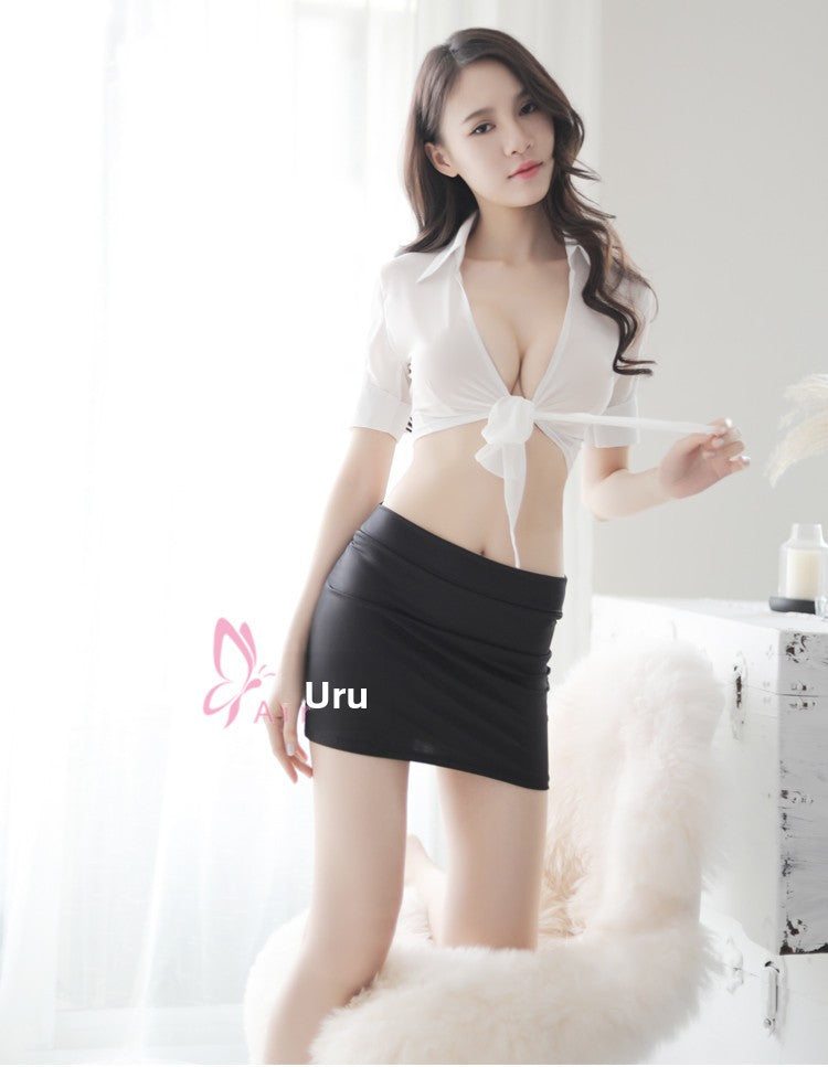 New Chiffon Sexy Lingerie Women's See-through Cardigan Uniform Temptation Sexy Bodycon Short Skirt Secretary Set