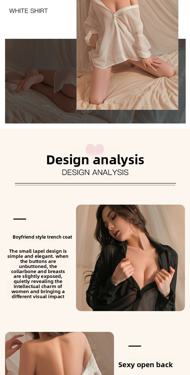 Sexy Lingerie Sexy Backless Boyfriend Shirt No Need to Take Off See-through Temptation Chiffon Pajamas Homewear 5713
