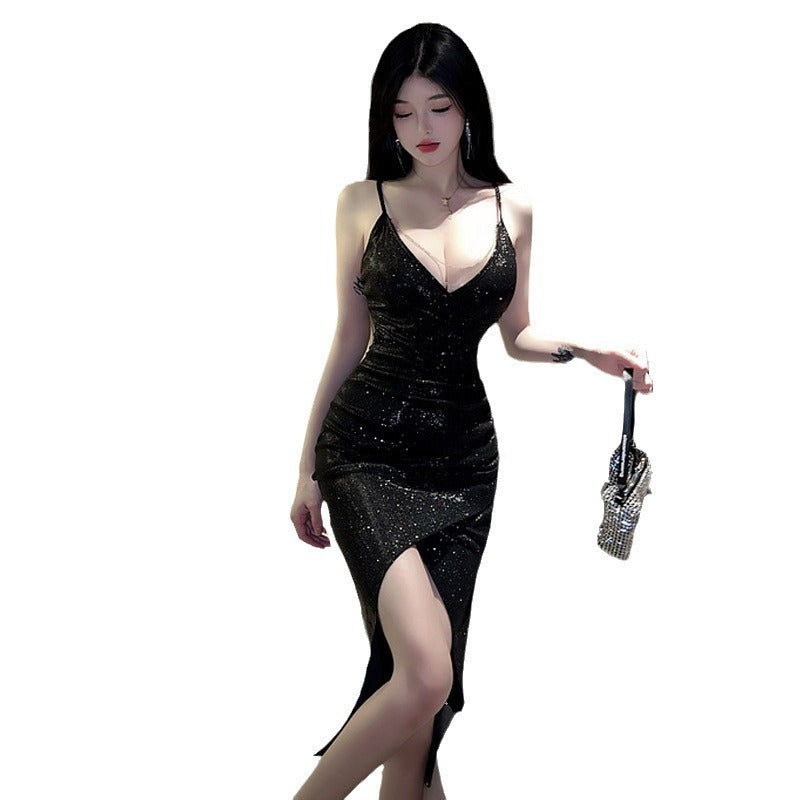 New Sexy Lingerie Deep V Sequin Split High-End Elegant Slim Hot Girl Dress 5442