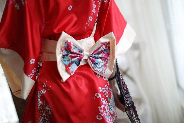 Sexy Lingerie Deep V Japanese Kimono Cute Playful Role Play Bathrobe Set for Women 5060