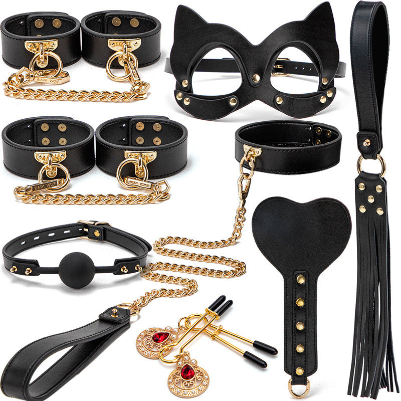 High-end SM Props Genuine Leather 8-Piece Set with Case Bondage Handcuffs Leash Collar Punishment Training Whip Adult Products