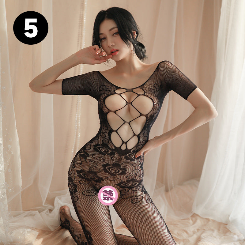Sexy Lingerie with Hollow Out Design, See-Through Rose Embroidery, Open Crotch Temptation Bodysuit with Stockings and Fishnet 5