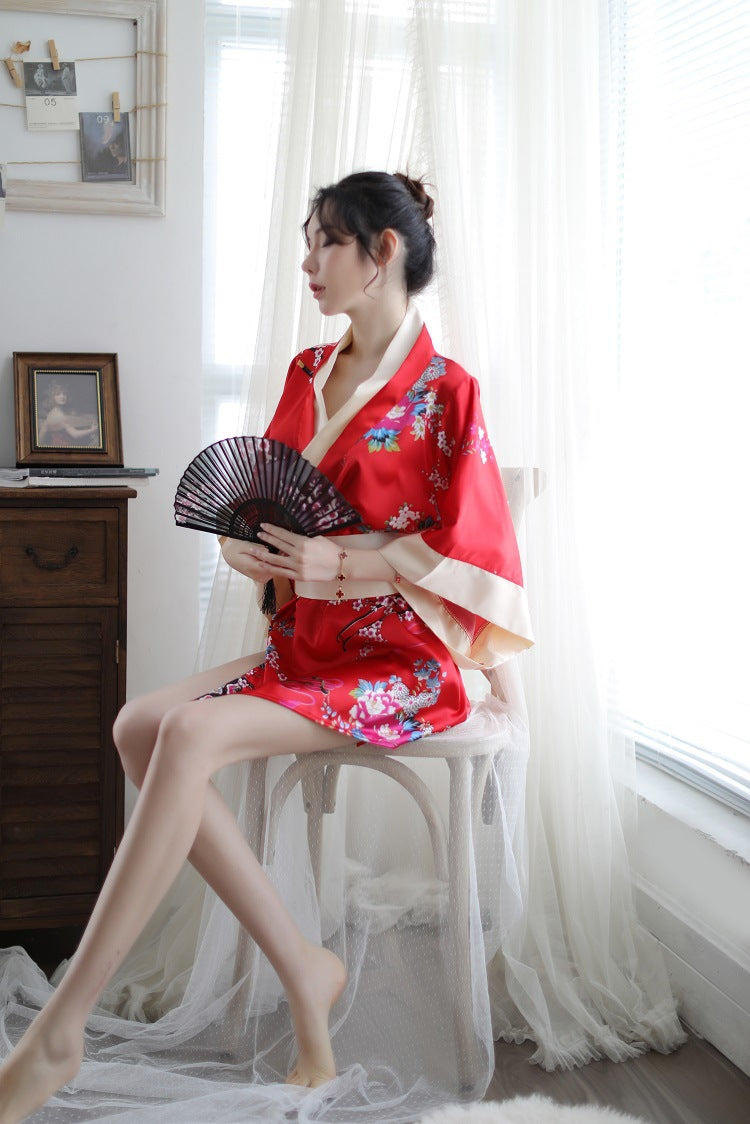 Sexy Lingerie Deep V Japanese Kimono Cute Playful Role Play Bathrobe Set for Women 5060