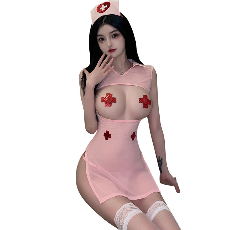 Sexy Lingerie See-Through Sexy Open-Crotch No-Removal Pure Desire Teasing Professional Nurse Costume Set 5141
