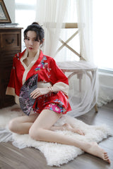 Sexy Lingerie Deep V Japanese Kimono Cute Playful Role Play Bathrobe Set for Women 5060