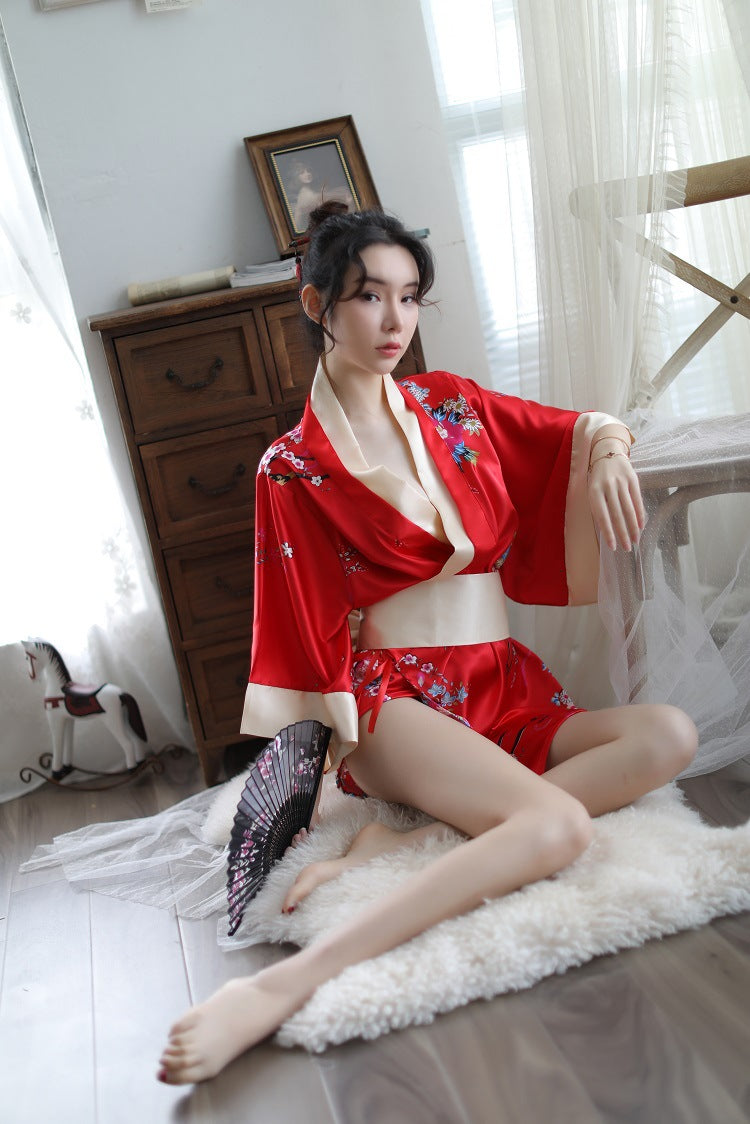 Sexy Lingerie Deep V Japanese Kimono Cute Playful Role Play Bathrobe Set for Women 5060