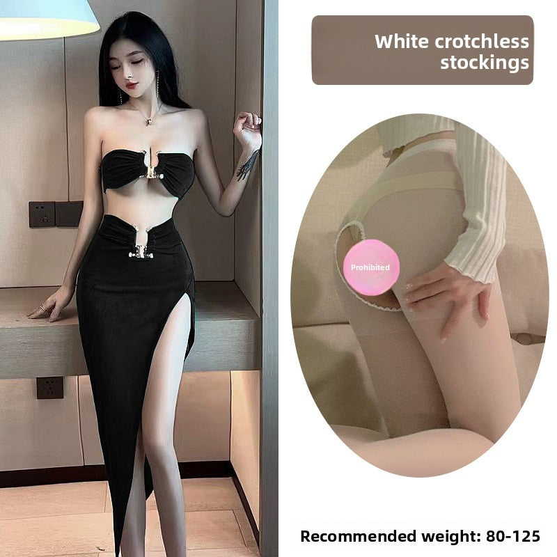 Sexy Lingerie Tube Top Temptation Tight High-Slit Bodycon Long Dress Nightclub Party Set 5724